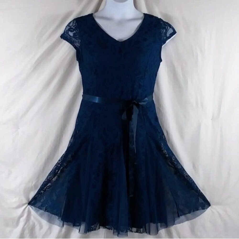 Candalite Women's Blue Lace Overlay Floral Fit & Flare Summer Mini Dress Size PL